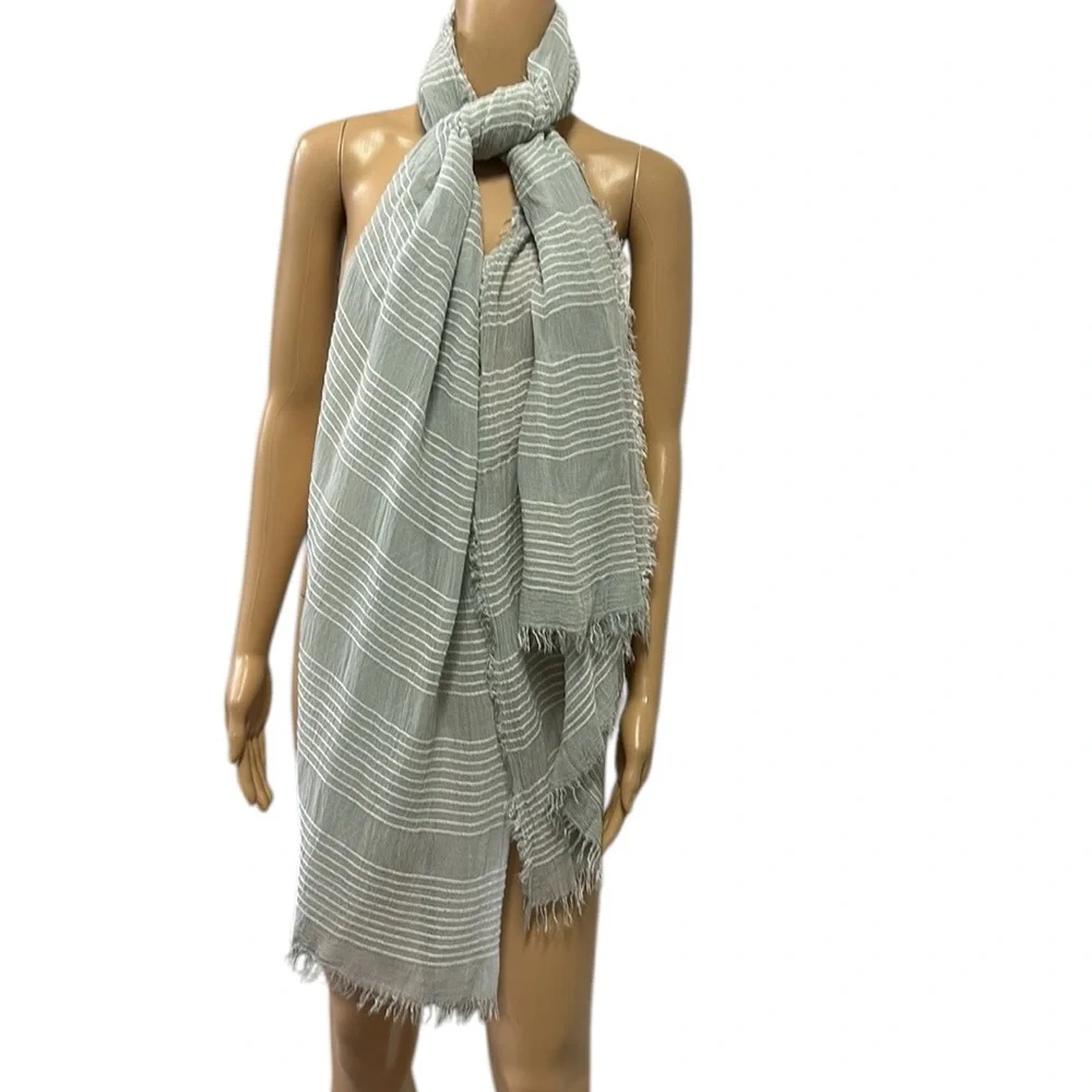 Light Green White Striped Blanket Scarf Wrap Sarong Coverup Raw Hem 32 x 80 Inch
